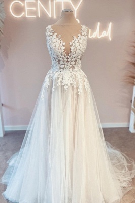 Elegante vestido de novia de encaje floral sin mangas de tul A-line vestido de novia para mujer_1