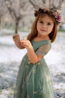 Beautiful Short Sleeves Long Tulle Embordery Flower Girl Dresses_3