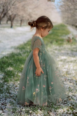 Beautiful Short Sleeves Long Tulle Embordery Flower Girl Dresses_2