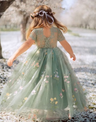 Beautiful Short Sleeves Long Tulle Embordery Flower Girl Dresses_4