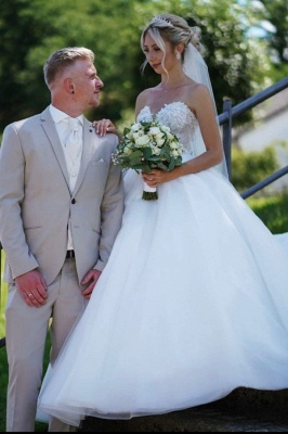 Elegant Sweetheart A-line Wedding Dress Strapless White Tulle Lace Bridal Gown_3