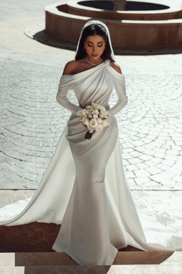Stylish Asymmetric Shoulders Satin Long Mermaid Wedding Dress with Sweep Train