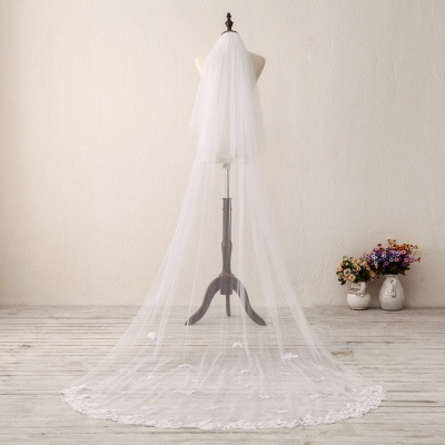 Voile de mariée en tulle blanc/ivoire de 3 m de long avec des appliques en dentelle