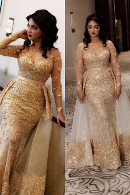 Stunning V-Neck Long Sleeves Mermaid Prom Dress Glitter Gold Appliques Evening Party Dress_1