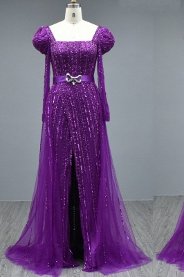Gorgeous Grape Sparkly Sequins Puffy Sleeves Long Evening Gown Front Slit with Tulle Sweep Train_1