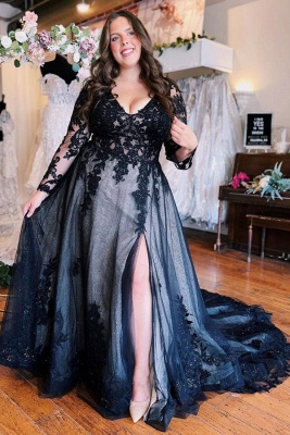 Elegante vestido de novia negro de manga larga de una línea con apliques de encaje con cuello en V vestido de novia largo con abertura frontal_2