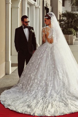 Long Sleeve Ball Gown Wedding Dress  Court Train Custom Made Bridal Gowns_1