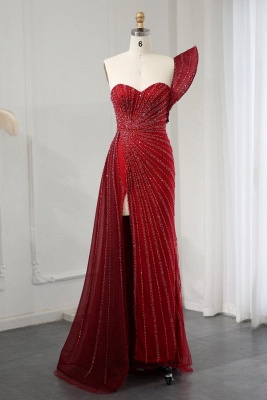 Elegante vestido de noche largo con listones rojos de un hombro Vestido de fiesta de novia_1