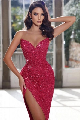 Sexy trägerloses, glänzendes, seitlich geschlitztes rotes Abendkleid mit Pailletten_2