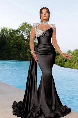 Sexy Long Sleeves Shiny Crystals Black Satin Mermaid Evening Dress with Side Sweep Train