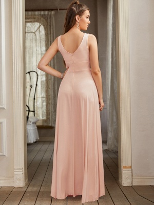 Robe de demoiselle d'honneur trapèze sexy à col en V avec fente latérale_53