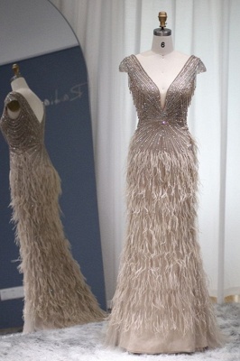 Stylish V-Neck Cap Sleeves Mermaid Evening Dress Sequins Fur Prom Dress_4