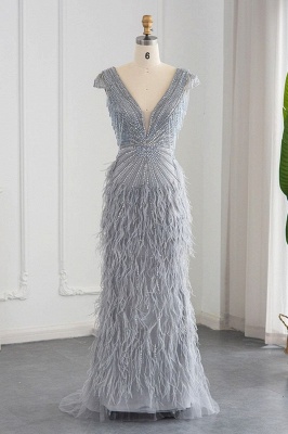 Stylish V-Neck Cap Sleeves Mermaid Evening Dress Sequins Fur Prom Dress_1