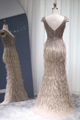 Stylish V-Neck Cap Sleeves Mermaid Evening Dress Sequins Fur Prom Dress_5