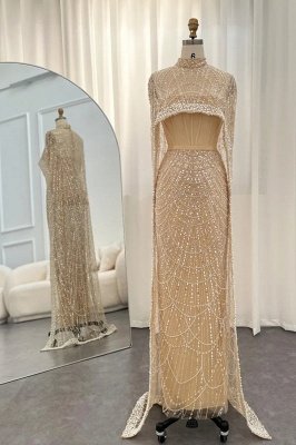 Luxury Sequins Dubai Mermaid Evening Dress with Cape Glitter Pearls Floor Length Party Dress