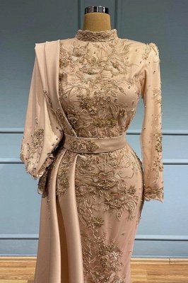 Gorgeous High Neck Long Sleeves Satin Mermaid Evening Gowns Gold Appliques with Sweep Train_2
