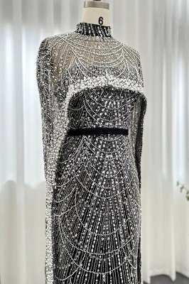 Robe de soirée sirène de luxe à paillettes, dubaï, avec Cape, perles scintillantes, longueur au sol, robe de soirée_25