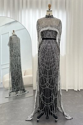 Robe de soirée sirène de luxe à paillettes, dubaï, avec Cape, perles scintillantes, longueur au sol, robe de soirée_22