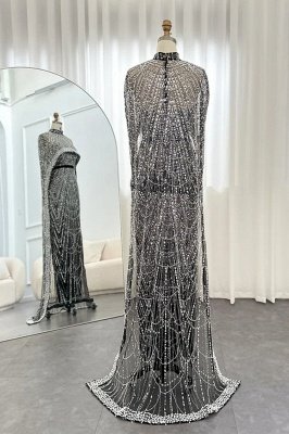 Robe de soirée sirène de luxe à paillettes, dubaï, avec Cape, perles scintillantes, longueur au sol, robe de soirée_23