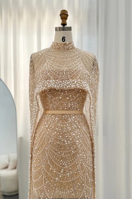 Luxury Sequins Dubai Mermaid Evening Dress with Cape Glitter Pearls Floor Length Party Dress_14