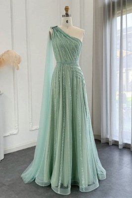One Shoulder Shinny Beadings Long Evening Dresses Sequins Party Dress_1