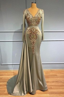 Charming Long Sleeves Mermaid Evening Dress V-Neck Gold Embellishment Floor Length Prom Dress with Sweep Train