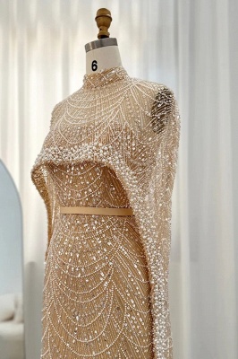 Robe de soirée sirène de luxe à paillettes, dubaï, avec Cape, perles scintillantes, longueur au sol, robe de soirée_11