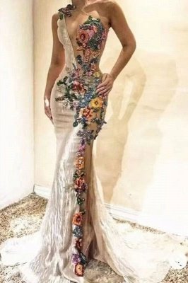 Sleeveless Mermaid Evening Dress with Colorful Floral Pattern Beadings Prom Dress
