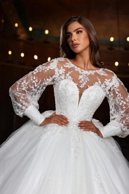 Beautiful Long Sleeves White A-line Wedding Dresses with Lace Appliques