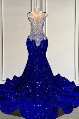 Robe de bal sirène de luxe à paillettes bleu royal avec cristaux brillants