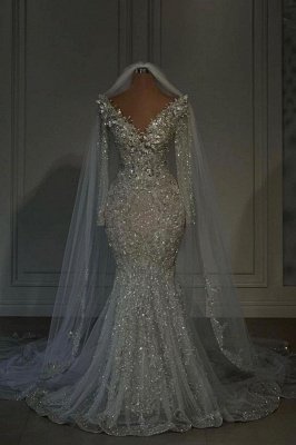 Gorgeous Long Sleeves Mermaid Wedding Gowns Glitter Sequins Garden Bridal Dresses