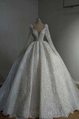 Luxury Long Sleeves Aline Wedding Dress Glitter Sequins Ball Gown with Appliques