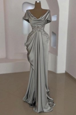 Scoop Neck Ruched Satin Mermaid Evening Dress Silver Beads Bodycon Prom Dress