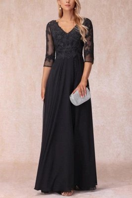 Half Sleeves Chffon Mother of the Bride Dress V-Neck Lace Appliques Wedding Formal Dress