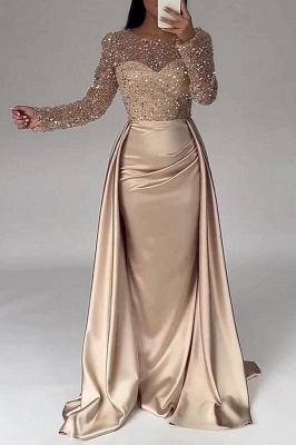 Gorgeous Long Sleeves Satin Mermaid Prom Dress Jewel Neck Glitter Sequins  Evening Dress with Train