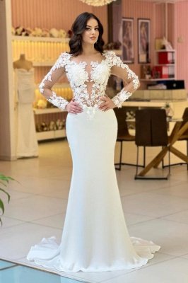 Precioso vestido de novia de sirena con apliques de encaje de manga larga Vestido de novia de satén blanco