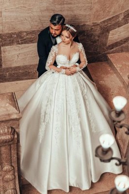 Gorgeous Long Sleeves A-line Wedding Dress Satin Lace Ball Gown with Appliques