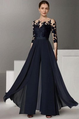 3/4 sleeves Chiffon Mother of the bride Dress Lace Appliques Ankle Length Wedding Guest Dress