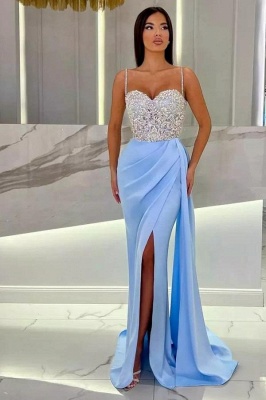 Charming Glitter Crystals Mermaid Prom Dress Ruched Satin Long Evening Dress with Straps