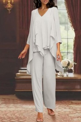 Eleganter 3-teiliger Chiffon-Overall für die Brautmutter mit langen Ärmeln, Hochzeitsgast-Outfits