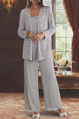 Silver 3 Piece Chiffon Mother of the Bride Pant Suits Simple Lace Wedding Formal Outfits