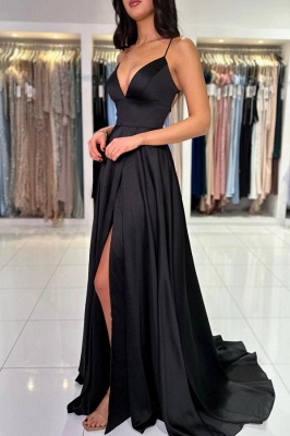 Vestido de noche negro con tirantes finos, vestido formal sencillo de satén con abertura lateral_4