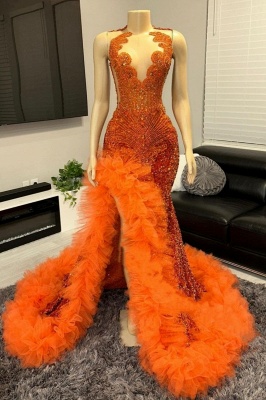 Sleeveless Orange Glitter Rinestones Mermaid Prom Dress Crew Neck Long Party Dress with Side Split_1