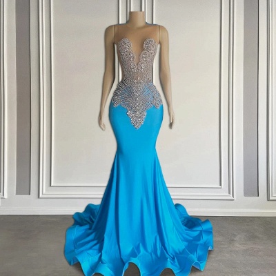 Luxuriöses ärmelloses blaues Meerjungfrau-Ballkleid mit Rundhalsausschnitt, ärmellos, mit Perlen verziert, bodenlanges Partykleid_2