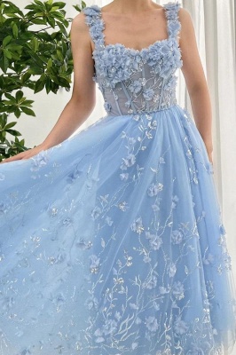 Chic Sweetheart Sky Blue 3D Flowers Tulle A-line Evening Dress Party Wear Dress_3
