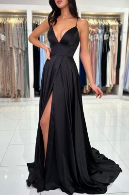 Vestido de noche negro con tirantes finos, vestido formal sencillo de satén con abertura lateral_2