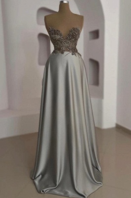 Stunning Sweetheart Silver A-line Evening Dress Sleeveless Satin Flowers Floor Length Formal Dress_1
