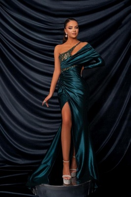 Amazing One Shoulder Side Slit Ruched Satin Evening Dress Glitter Sequins Long Prom Dresses_1