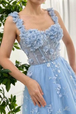 Chic Sweetheart Sky Blue 3D Flowers Tulle A-line Evening Dress Party Wear Dress_2