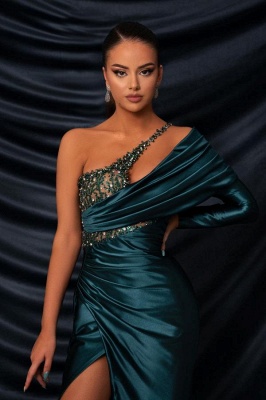 Amazing One Shoulder Side Slit Ruched Satin Evening Dress Glitter Sequins Long Prom Dresses_2